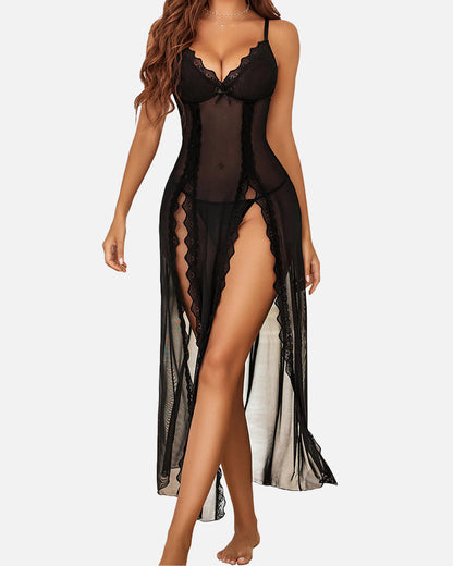 Sexy Mesh V-Neck Nightdress | Lace Side Split Nightwear