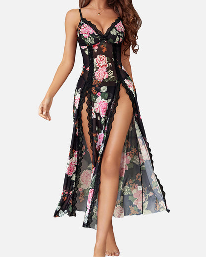 Sexy Mesh V-Neck Nightdress | Lace Side Split Nightwear
