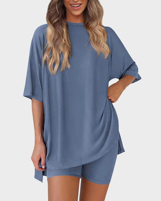Oversized 2-Piece Lounge Set | Split Hem Biker Shorts Co-Ord