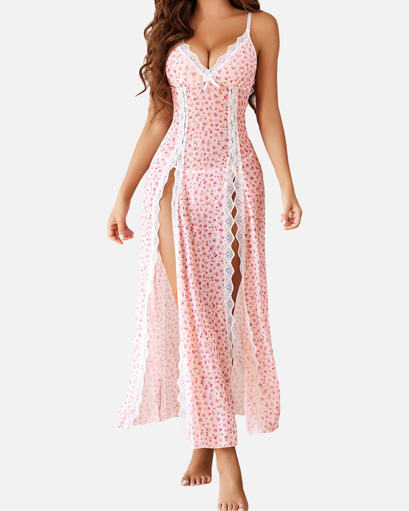 Sexy Mesh V-Neck Nightdress | Lace Side Split Nightwear