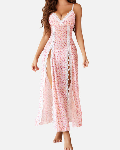 Sexy Mesh V-Neck Nightdress | Lace Side Split Nightwear