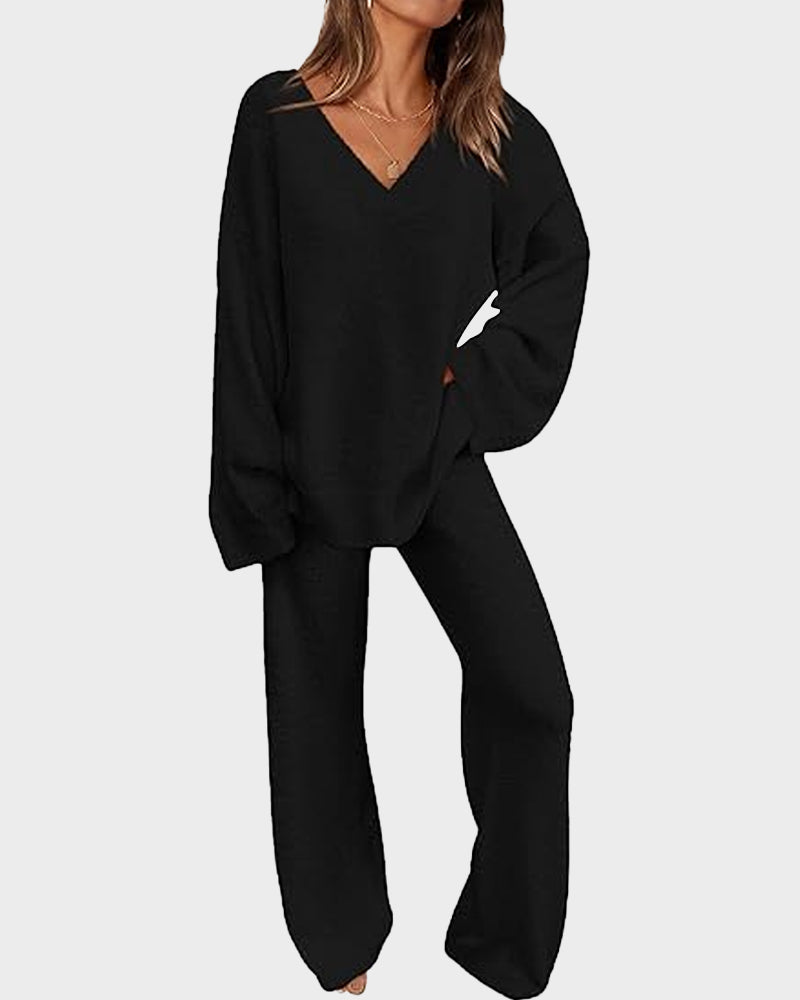 Fuzzy Knit Loungewear Set | Women's Cozy V-Neck Co-Ord