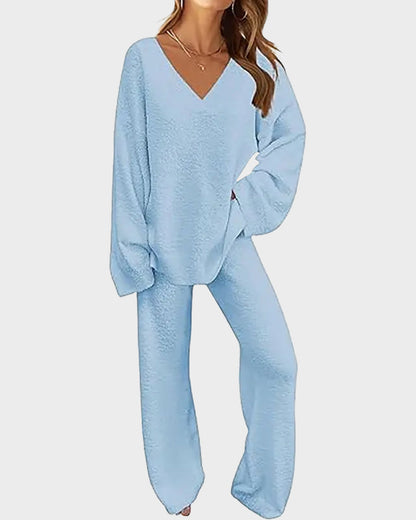 Fuzzy Knit Loungewear Set | Women's Cozy V-Neck Co-Ord