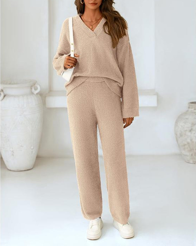 Fuzzy Knit Loungewear Set | Women's Cozy V-Neck Co-Ord