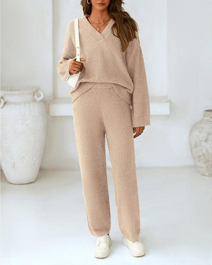 Fuzzy Knit Loungewear Set | Women's Cozy V-Neck Co-Ord