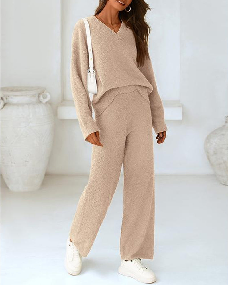Fuzzy Knit Loungewear Set | Women's Cozy V-Neck Co-Ord