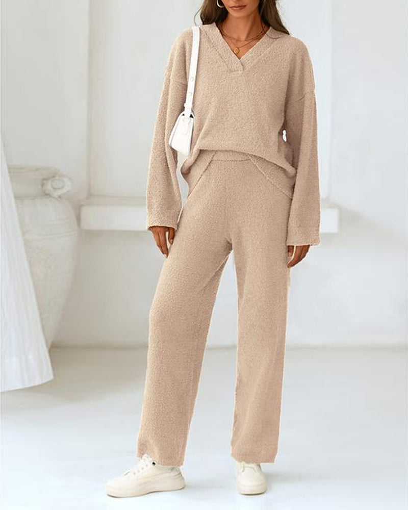 Fuzzy Knit Loungewear Set | Women's Cozy V-Neck Co-Ord