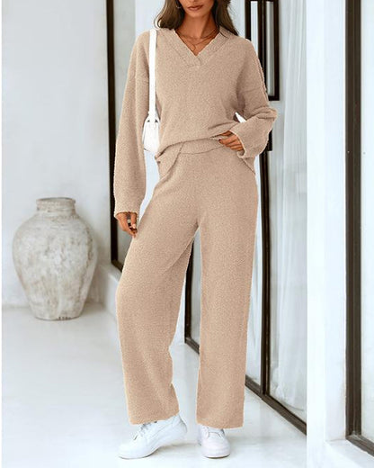 Fuzzy Knit Loungewear Set | Women's Cozy V-Neck Co-Ord