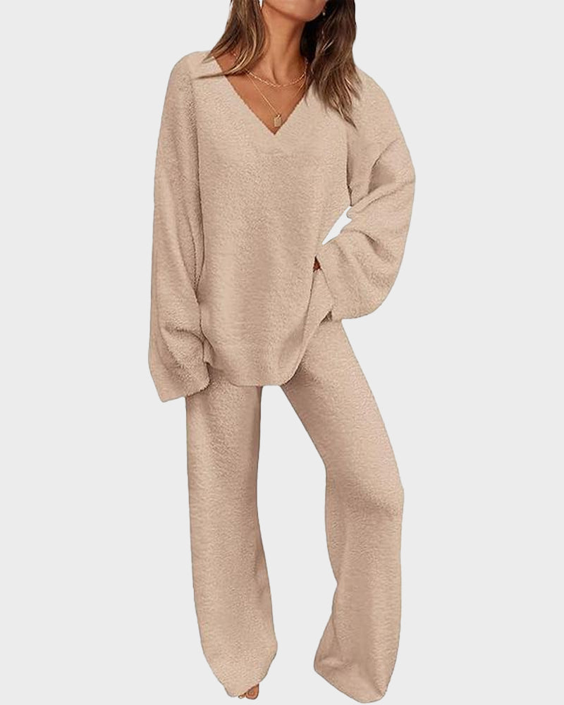 Fuzzy Knit Loungewear Set | Women's Cozy V-Neck Co-Ord