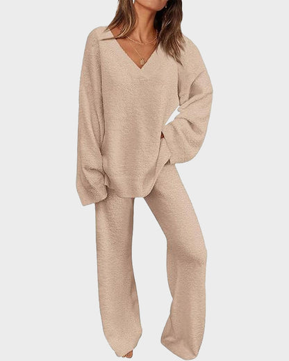 Fuzzy Knit Loungewear Set | Women's Cozy V-Neck Co-Ord