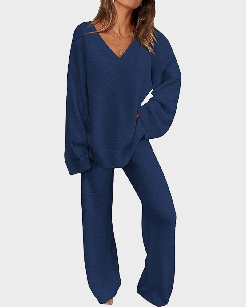 Fuzzy Knit Loungewear Set | Women's Cozy V-Neck Co-Ord