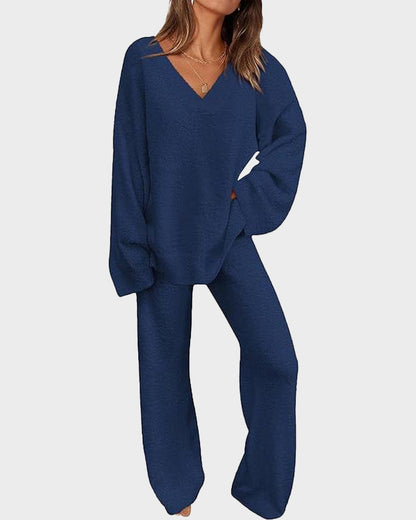 Fuzzy Knit Loungewear Set | Women's Cozy V-Neck Co-Ord