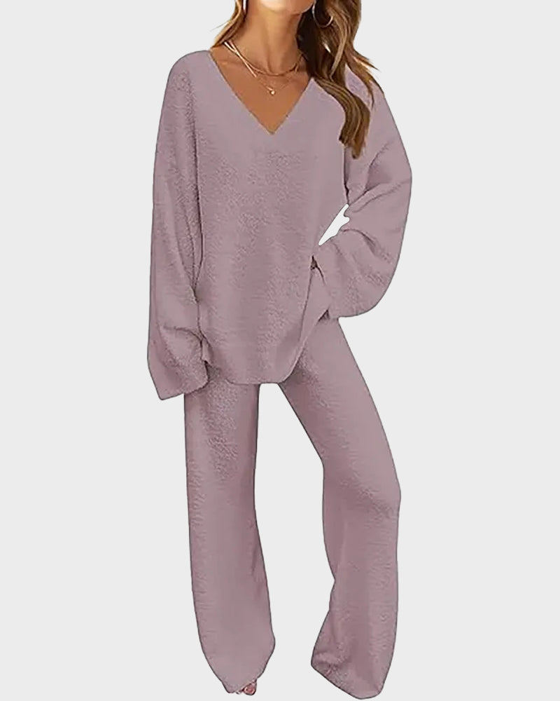 Fuzzy Knit Loungewear Set | Women's Cozy V-Neck Co-Ord