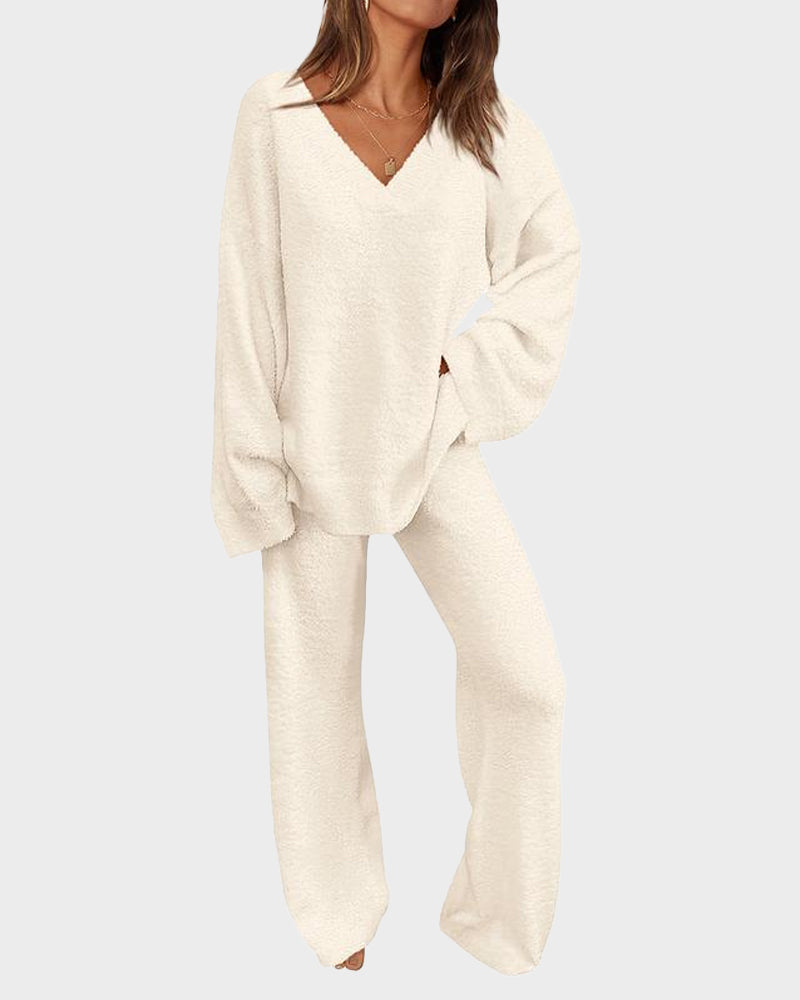 Fuzzy Knit Loungewear Set | Women's Cozy V-Neck Co-Ord