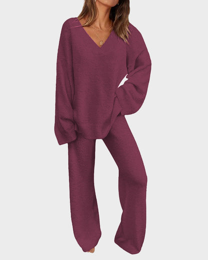 Fuzzy Knit Loungewear Set | Women's Cozy V-Neck Co-Ord