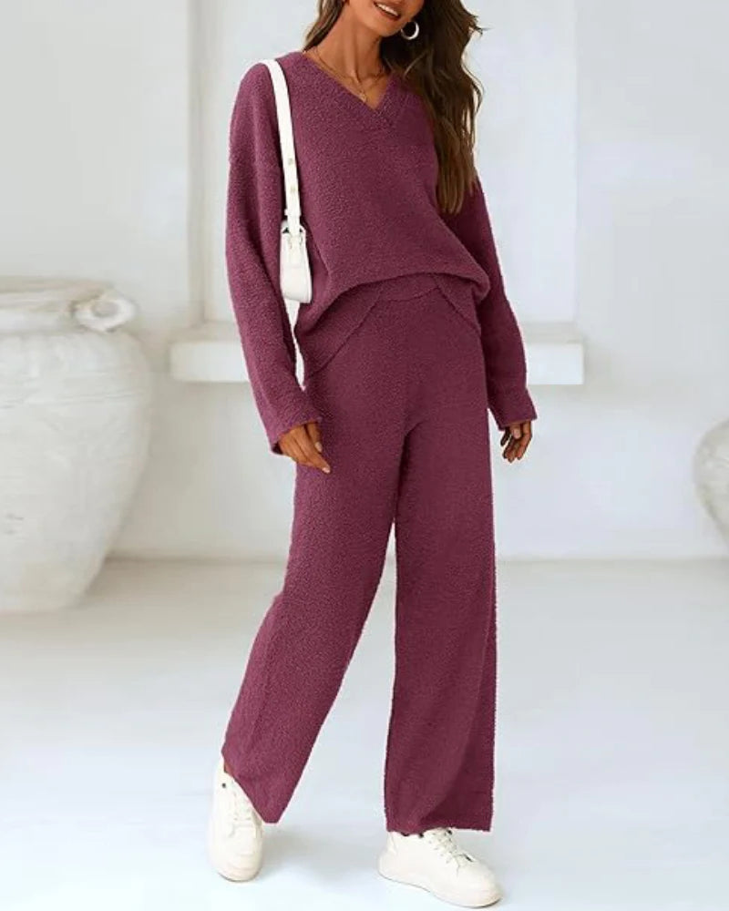 Fuzzy Knit Loungewear Set | Women's Cozy V-Neck Co-Ord