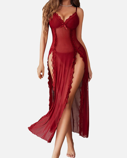 Sexy Mesh V-Neck Nightdress | Lace Side Split Nightwear