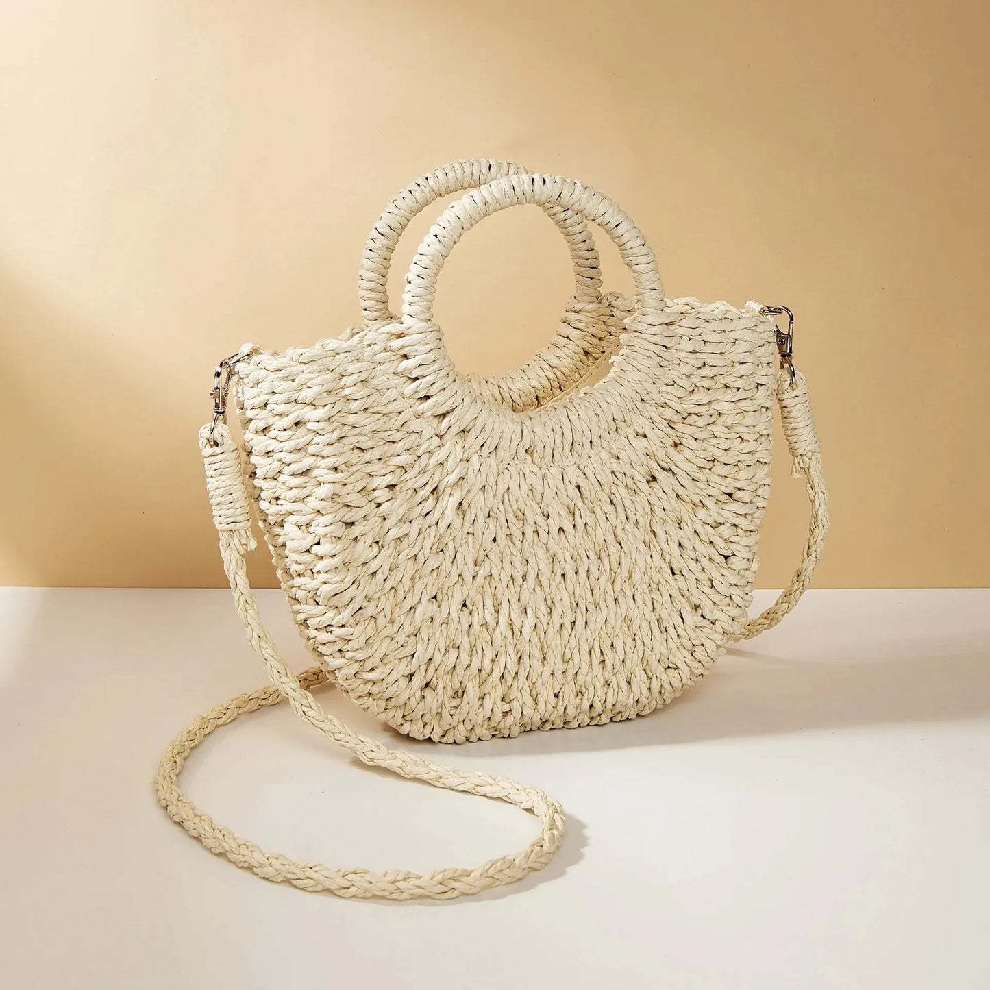 Amara Handwoven Straw Half-Moon Crossbody Bag