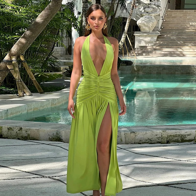 Giana Plunging Halter Neck Pleated Maxi Dress