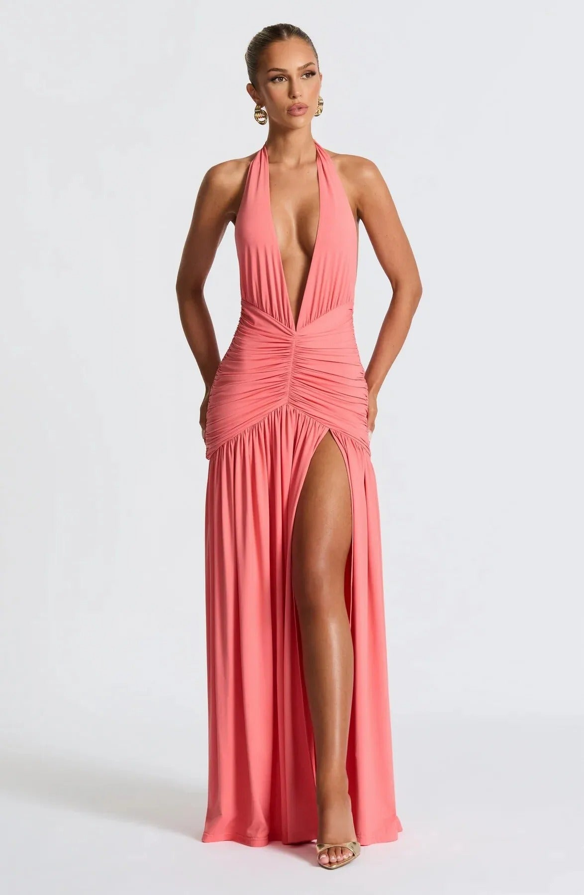Giana Plunging Halter Neck Pleated Maxi Dress