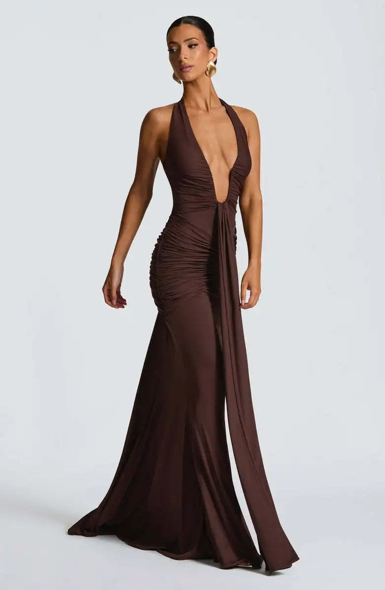 Saskia Deep Plunge Halterneck Maxi Dress