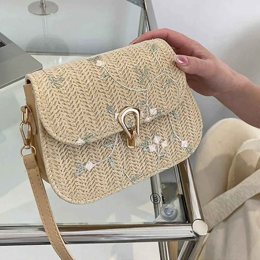 Daisy Floral Embroidered Straw Crossbody Bag