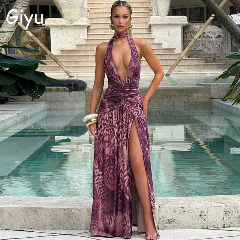Giana Plunging Halter Neck Pleated Maxi Dress