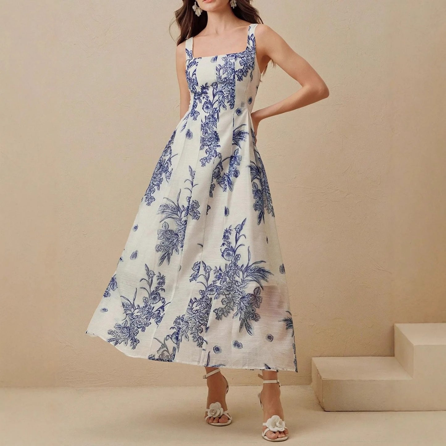 Porcelain Floral Pleated Midi Dress