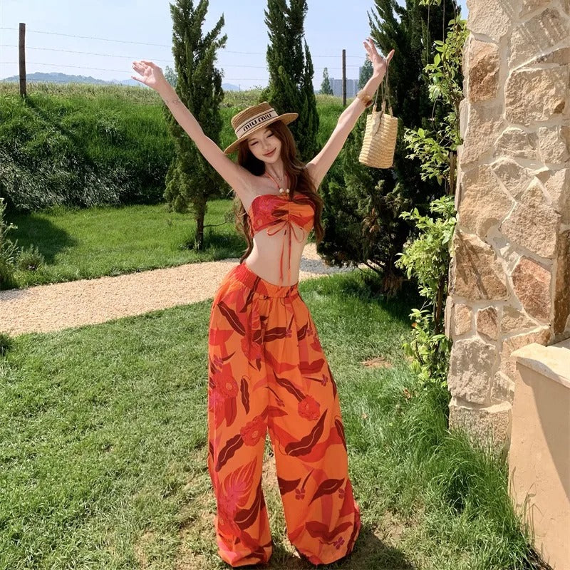 Tulum Tropical Halter Top & Wide-Leg Trousers Co-Ord Set