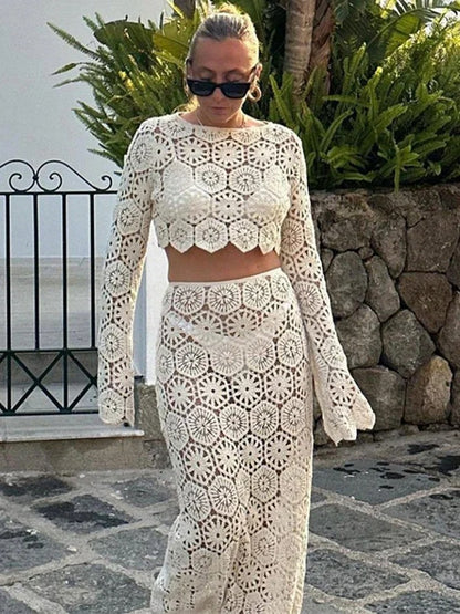 Ibiza Crochet Knit Crop Top & Maxi Skirt Co-Ord Set