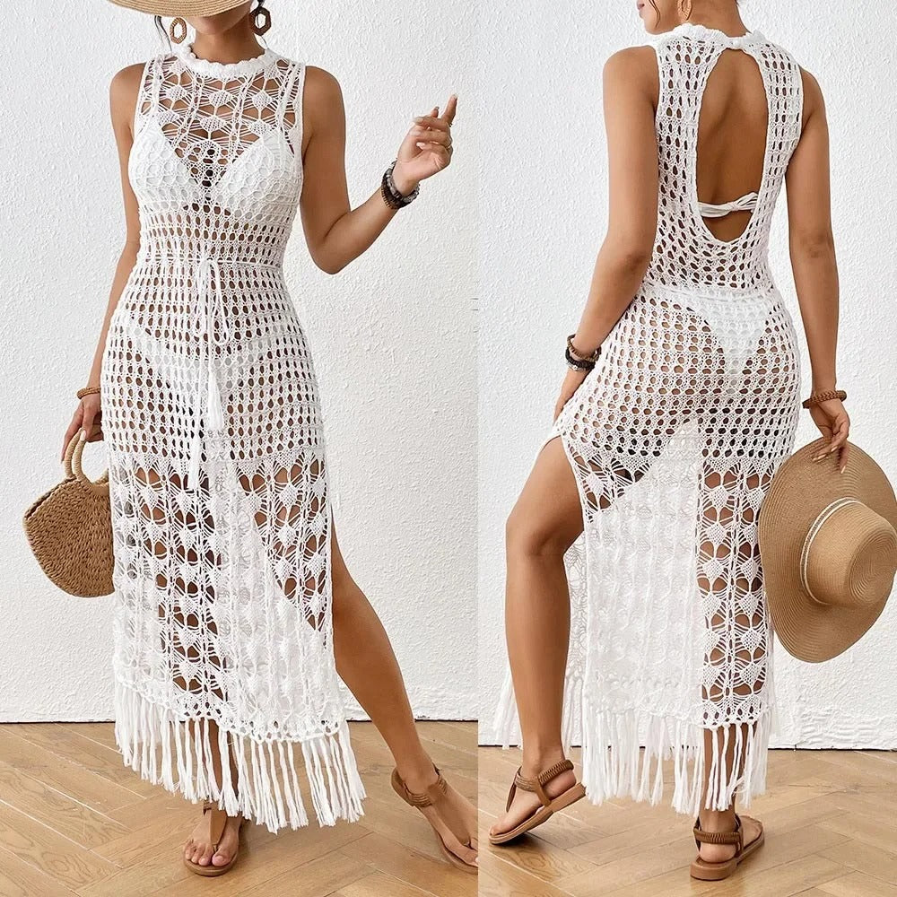 Sienna Crochet Fringe Open-Back Beach Dress