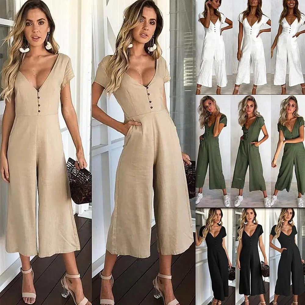 Clara Button-Front V-Neck Cropped Jumpsuit