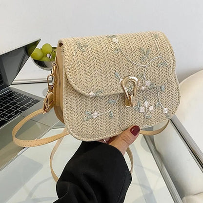 Daisy Floral Embroidered Straw Crossbody Bag
