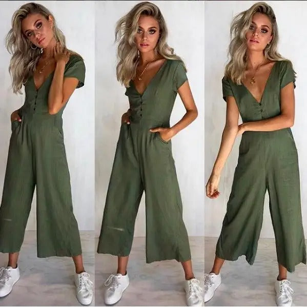 Clara Button-Front V-Neck Cropped Jumpsuit