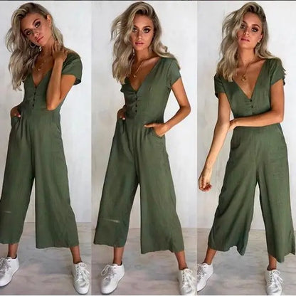 Clara Button-Front V-Neck Cropped Jumpsuit