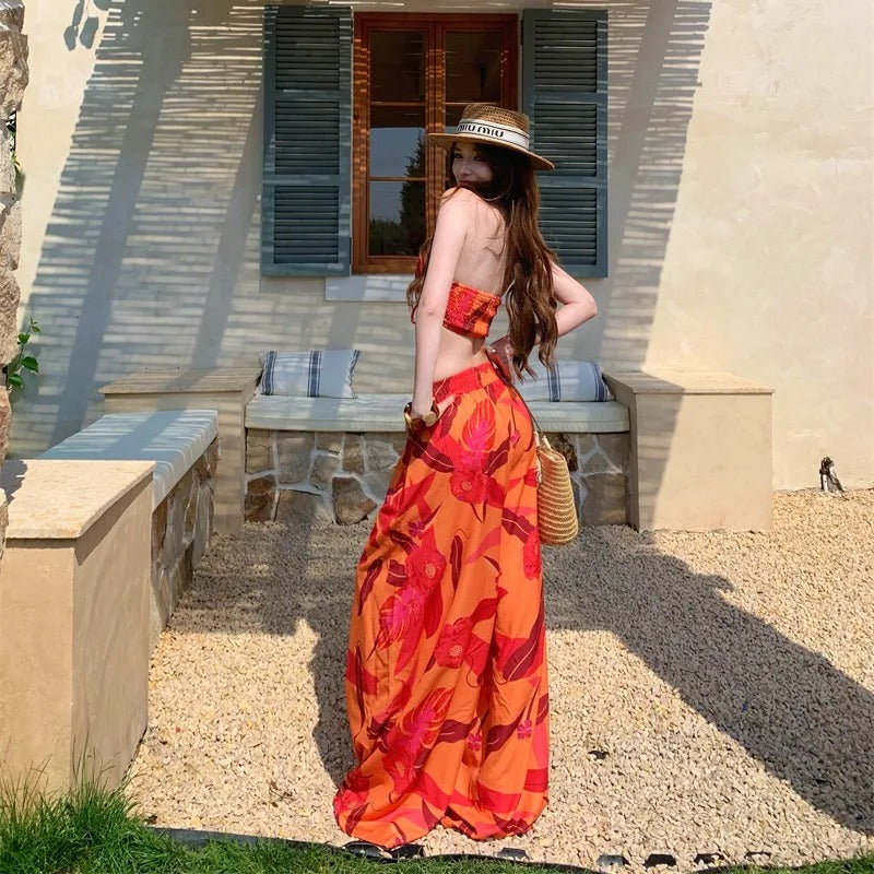 Tulum Tropical Halter Top & Wide-Leg Trousers Co-Ord Set