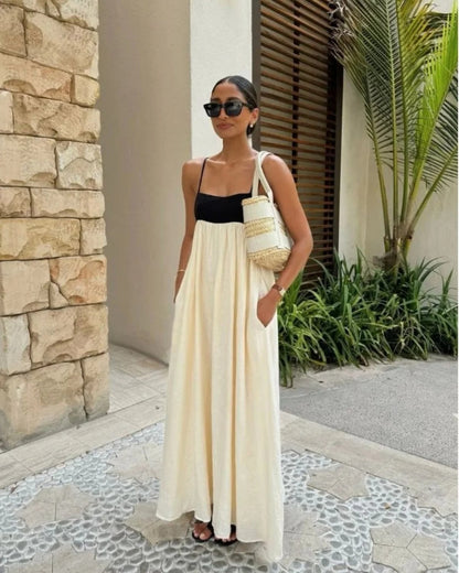 Contrast Empire Waist Strappy Maxi Dress