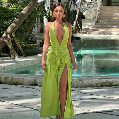 Giana Plunging Halter Neck Pleated Maxi Dress