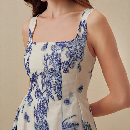Porcelain Floral Pleated Midi Dress