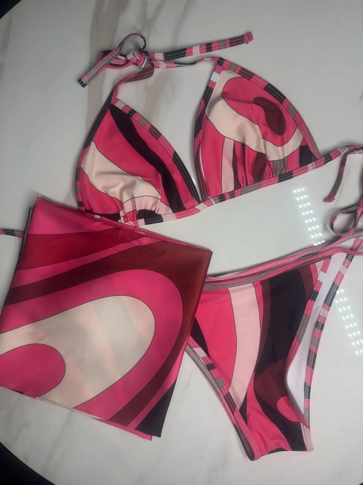Talia 3-Piece Abstract Print Bikini & Sarong Set