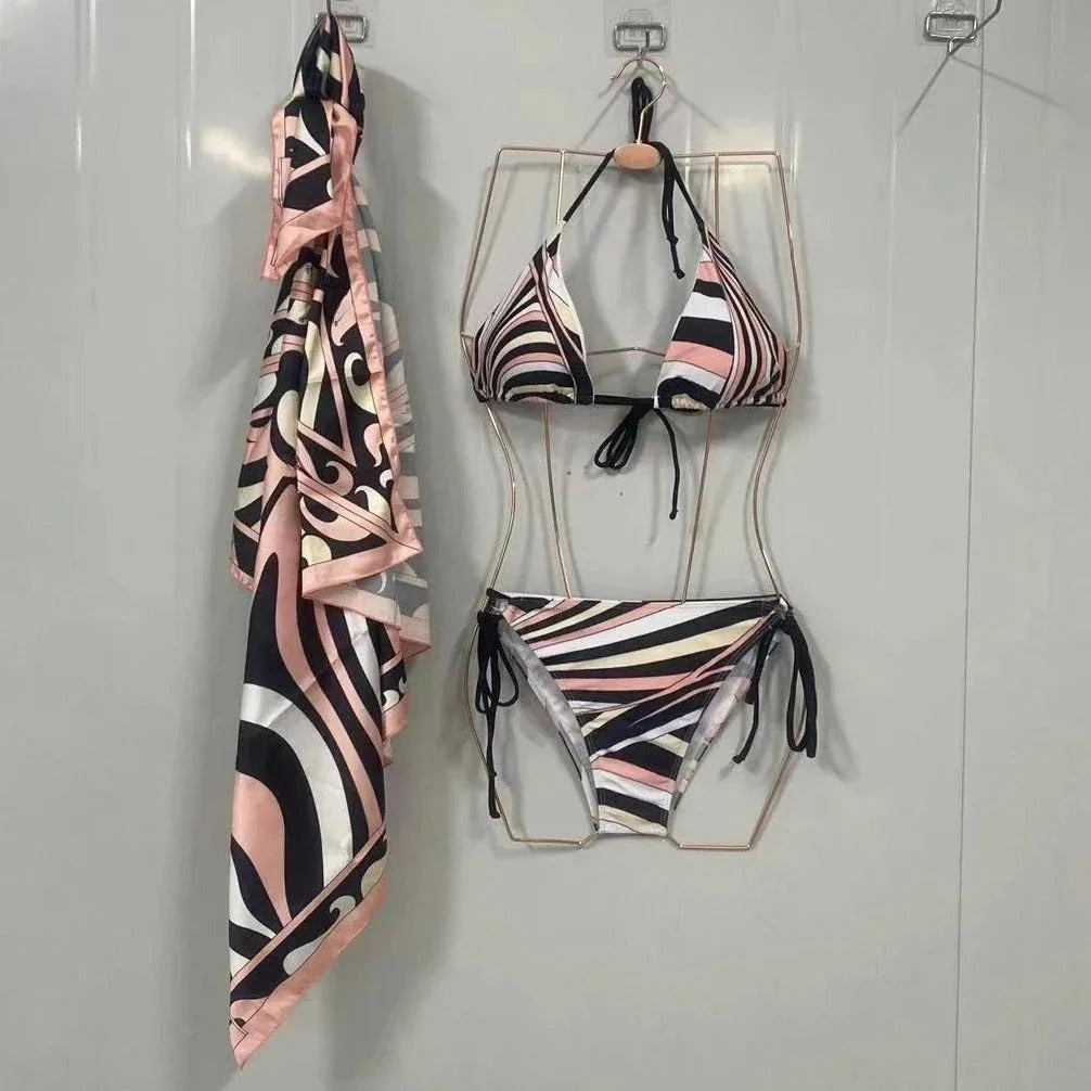 Talia 3-Piece Abstract Print Bikini & Sarong Set
