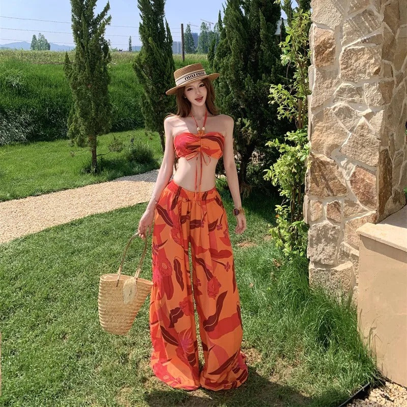 Tulum Tropical Halter Top & Wide-Leg Trousers Co-Ord Set