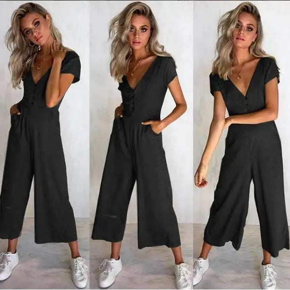Clara Button-Front V-Neck Cropped Jumpsuit