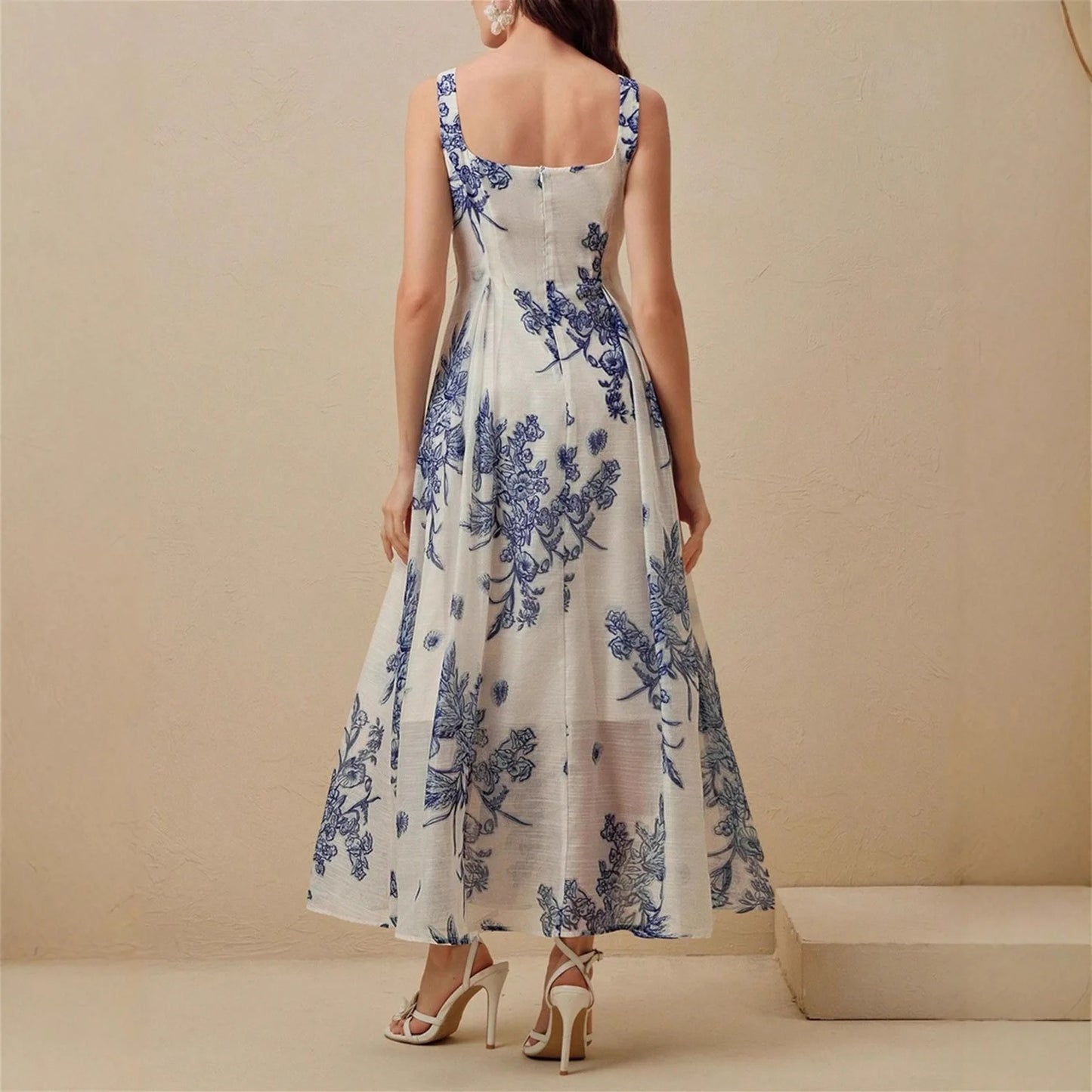 Porcelain Floral Pleated Midi Dress