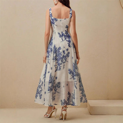 Porcelain Floral Pleated Midi Dress