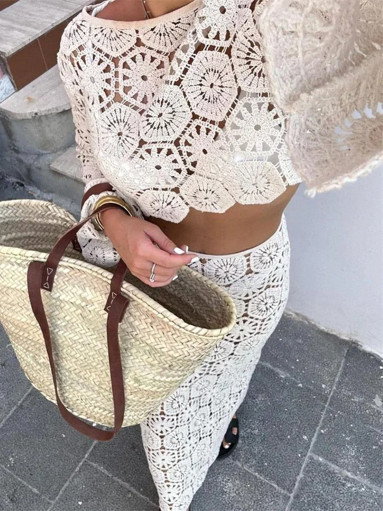 Ibiza Crochet Knit Crop Top & Maxi Skirt Co-Ord Set