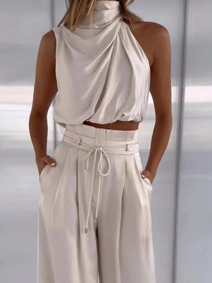 Summer High-Neck Crop Top & Fluid Trousers Two-Piece Set