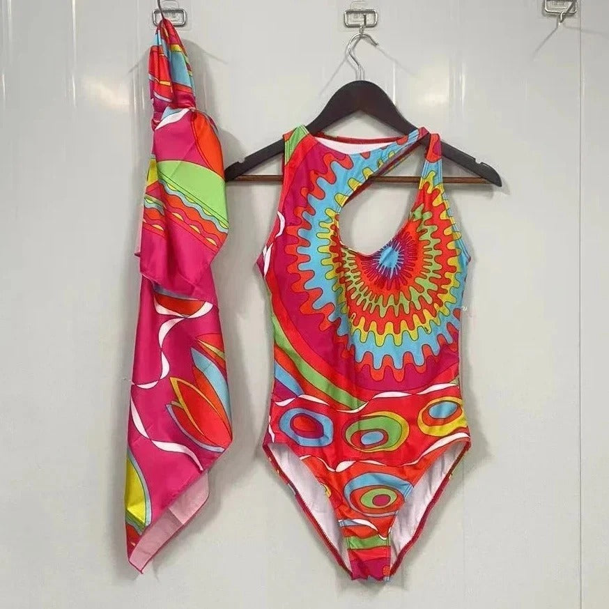 Talia 3-Piece Abstract Print Bikini & Sarong Set