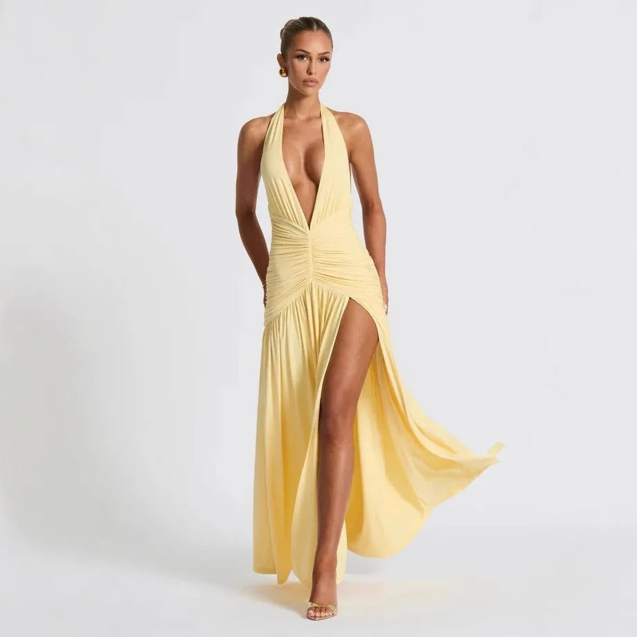 Giana Plunging Halter Neck Pleated Maxi Dress