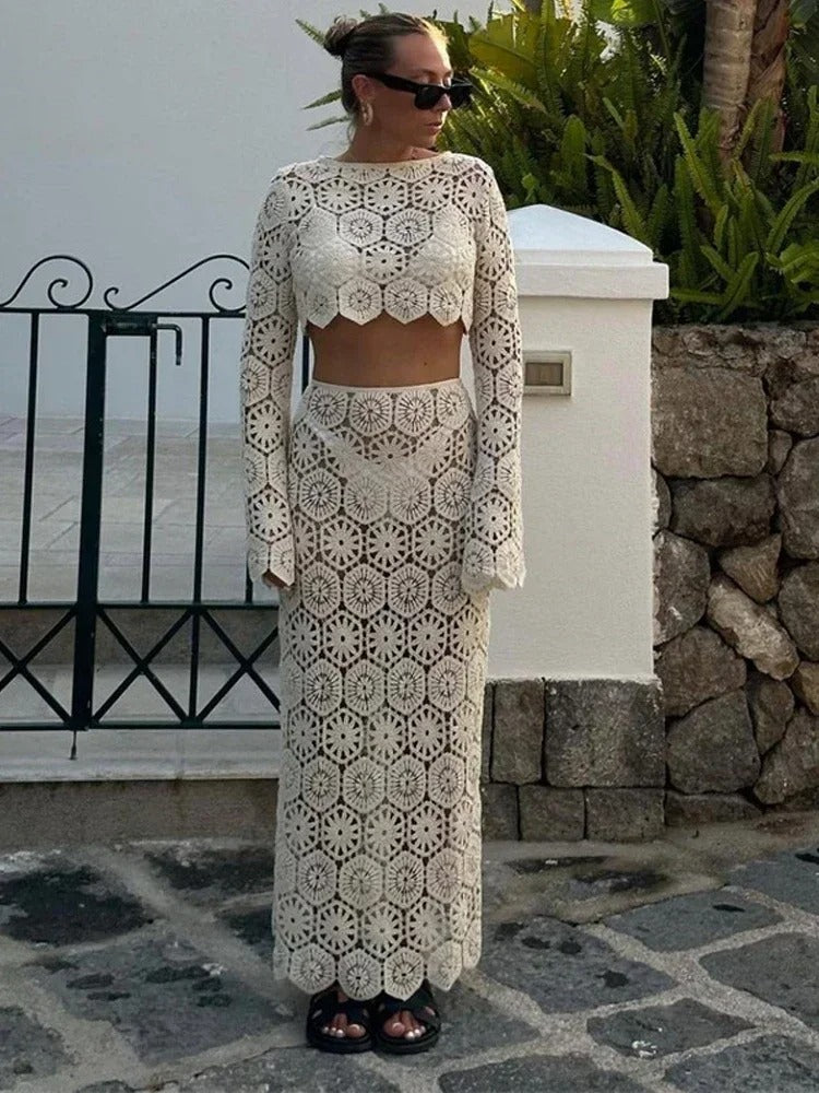 Ibiza Crochet Knit Crop Top & Maxi Skirt Co-Ord Set